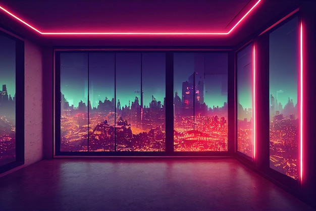 Interior doméstico em contornos de luz de fundo neon estilo anime Vista da janela na cidade cyberpunk