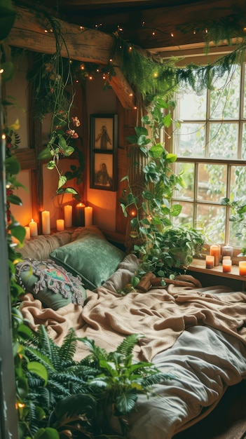 Foto interior de un dormitorio acogedor con una gran ventana plantas verdes y velas