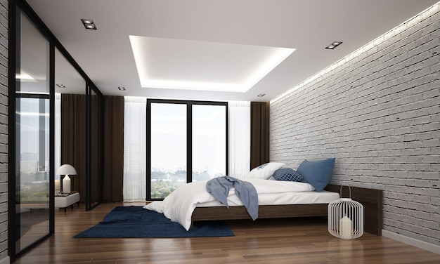 Interior de dormitorio acogedor moderno y pared de ladrillo blanco vacía
