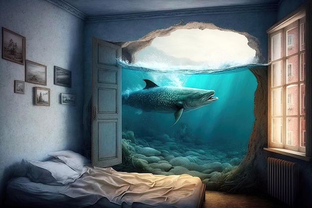 Interior del dormitorio con un acuario con peces dentro Fantásticos sueños de viajar y relajarse en el mar Ilustración generativa de IA