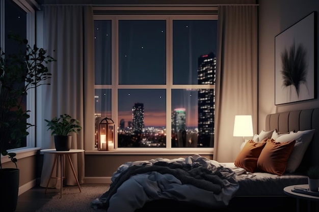 Interior de dormitorio en apartamento moderno con vista a la ciudad Ai