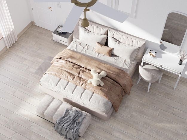 Foto interior de dormitorio blanco. diseño escandinavo. renderizado 3d
