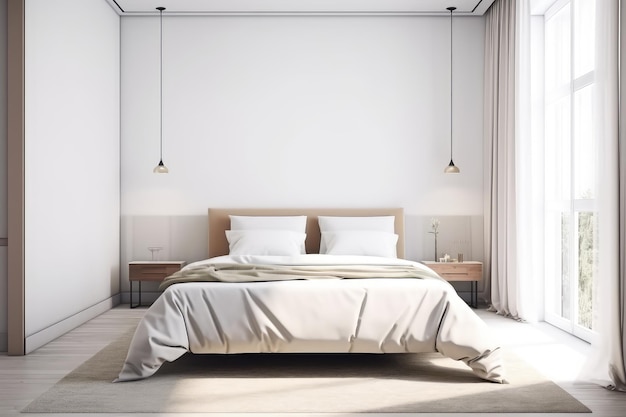 Interior de dormitorio blanco Diseño en tonos tierra Representación 3D generada por IA