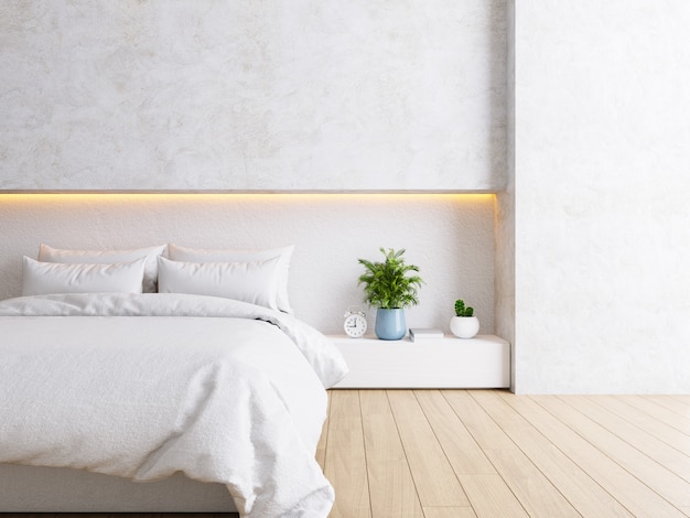 Foto interior de dormitorio blanco, espacio acogedor, diseño moderno, render 3d