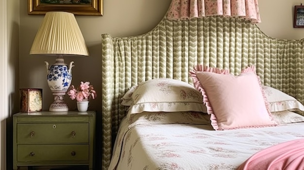 Interior de dormitorio de cabaña inglesa con decoración rosa y verde salvia