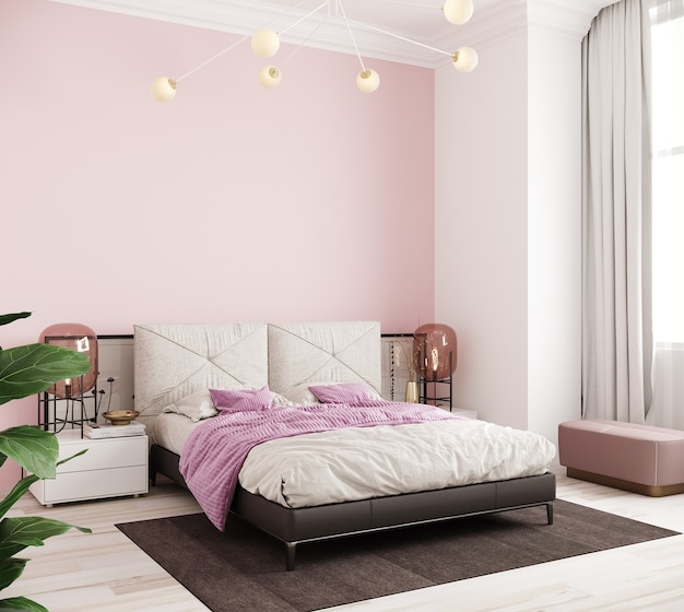 Interior del dormitorio con cama con almohadas y colcha rosa, render 3d