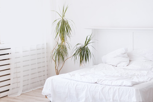 Interior de dormitorio con cama blanca y flor interior verde grande. Dormitorio limpio blanco con cama lista para dormir.