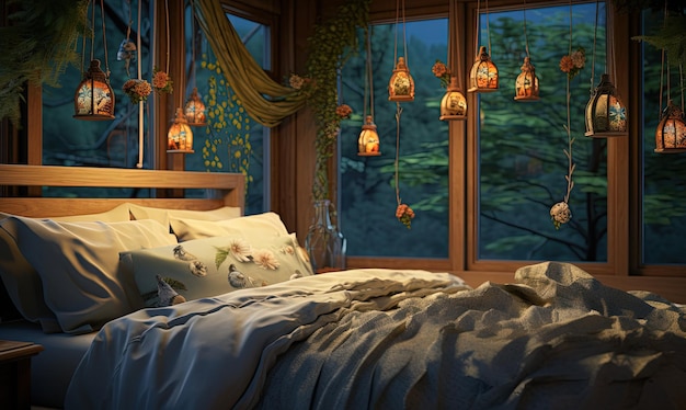 Foto interior del dormitorio cerca de la ventana por la noche en la selva del bosque vista exterior luces de brillo colgantes lámpara de bombilla