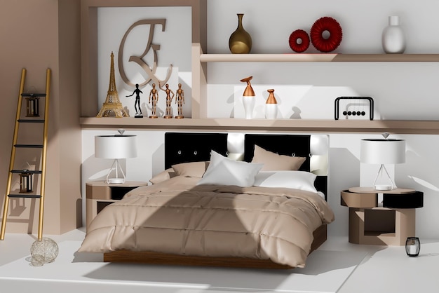 El interior del dormitorio de color beige con cama doble de pie renderizado en 3D