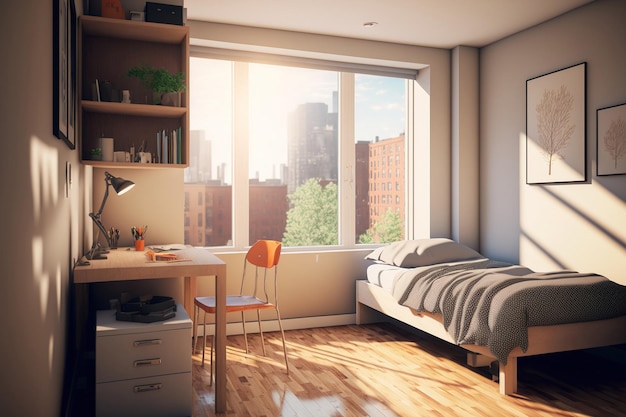 Interior de un dormitorio contemporáneo con vistas a la ciudad, suelo de madera y luz natural