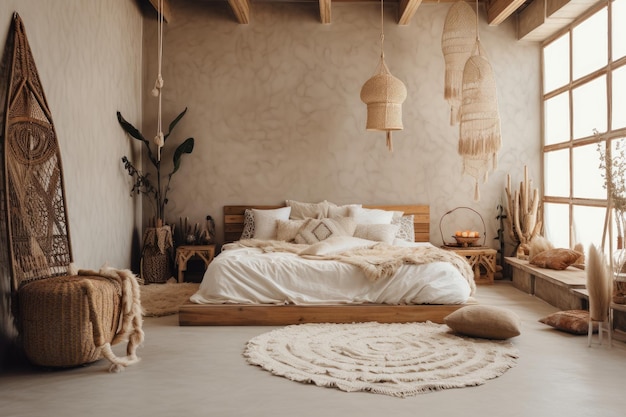 Interior del dormitorio de estilo bohemia cálido y acogedor con decoración de madera tono beige generativo Ai