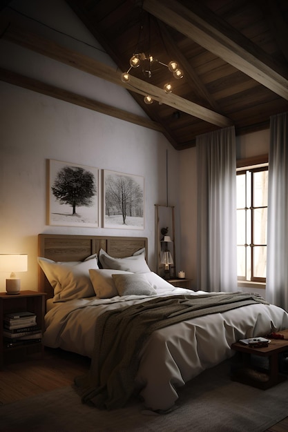 Interior de dormitorio de estilo clásico con cama en casa de campo generada por IA
