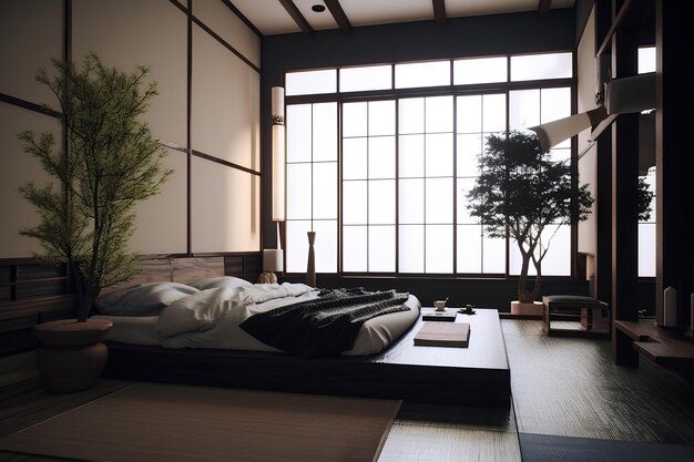 El interior del dormitorio de estilo Japandi en una casa moderna