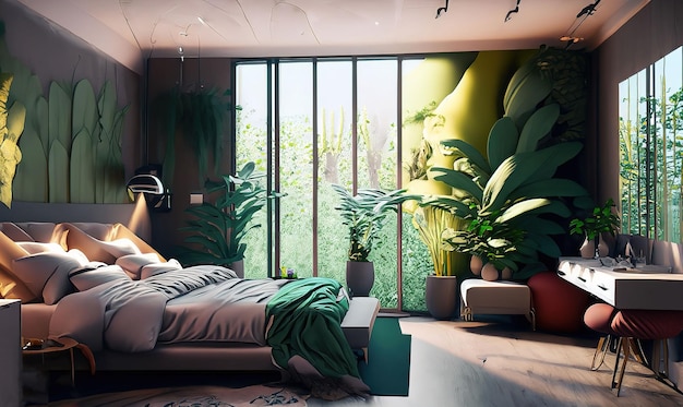 Interior de dormitorio estilo jungla