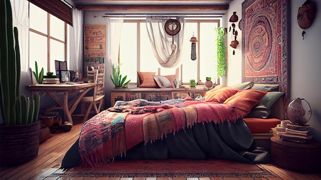 Interior de dormitorio étnico bohemio clásico y vintage Sensación elegante y cálida Decoración y patrón Fondo de pantalla floral IA generativa