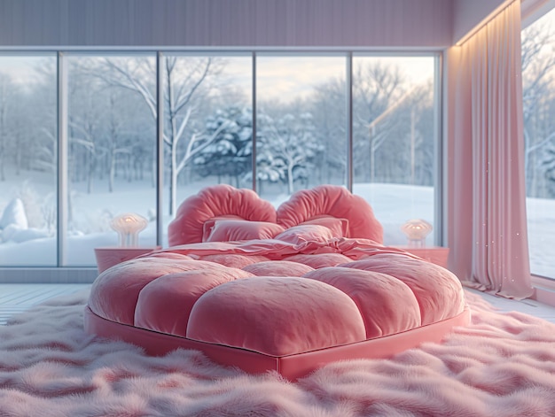 Foto interior de un dormitorio en forma de corazón con una gran ventana con vistas al paisaje nevado de invierno