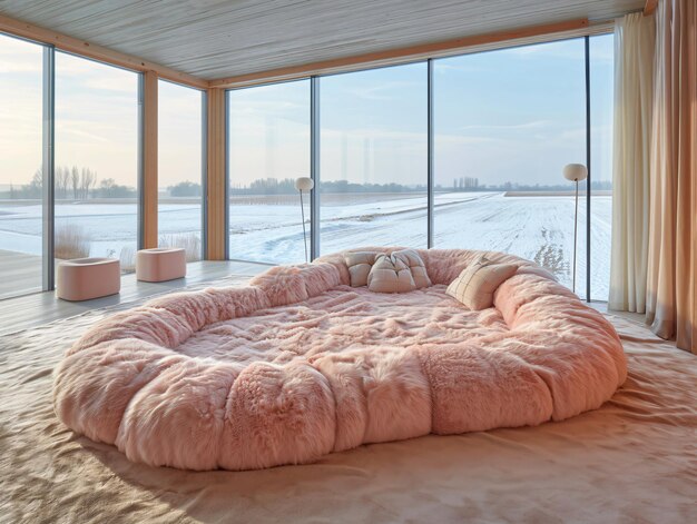 Foto interior de un dormitorio en forma de corazón con una gran ventana con vistas al paisaje nevado de invierno