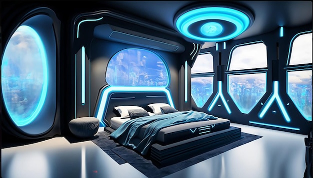 Un interior de dormitorio futurista holográfico, inteligente, moderno, de alta tecnología, ciencia ficción, cyberpunk, decoración del hogar en 3D