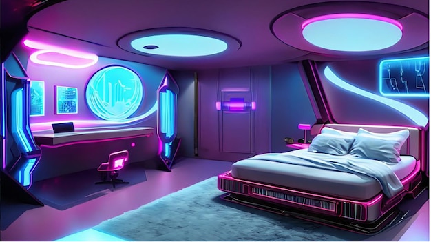 Un interior de dormitorio futurista holográfico, inteligente, moderno, de alta tecnología, ciencia ficción, cyberpunk, decoración del hogar en 3D