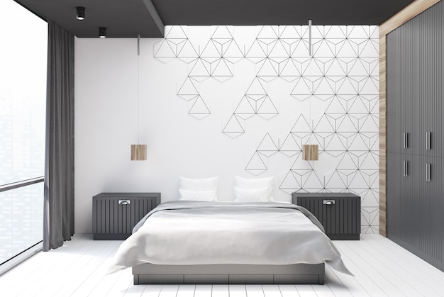 Interior de dormitorio hexagonal blanco con suelo de hormigón, una cama blanca sobre una cama principal, dos mesitas de noche y una ventana. maqueta de renderizado 3d