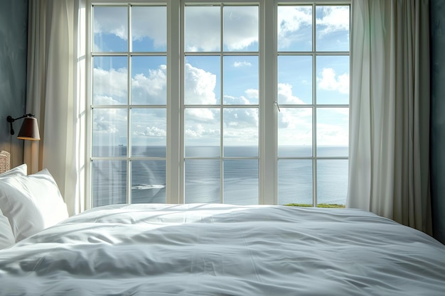 Interior de dormitorio de hotel de lujo con un paisaje marítimo en una ventana