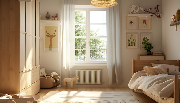 Interior del dormitorio infantil con armario de madera y cama cerca de la ventana