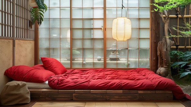 Un interior de dormitorio japonés con una cama de madera con cojines una manta roja y una linterna