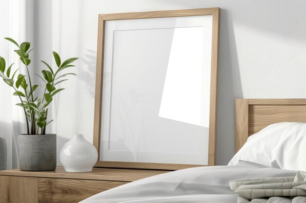 Foto un interior de dormitorio limpio y sereno con una cama de madera y una mesita de noche con una planta verde fresca en una olla texturizada y un marco de fotos en blanco listo para la personalización