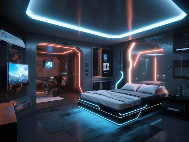 Interior de un dormitorio de lujo futurista con pintura de pared de iluminación de neón de cama y diseño de techo