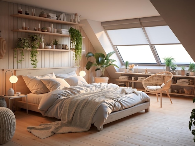 Interior de dormitorio de madera ligera y brillantemente iluminado con muebles complementarios AI Generado