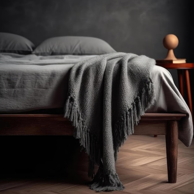 Foto interior de dormitorio con manta gris y mesita de noche de madera