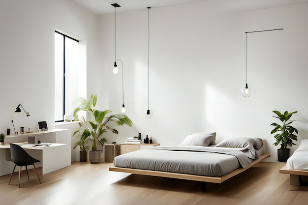 Interior de dormitorio minimalista elegante con lámparas colgantes y plantas