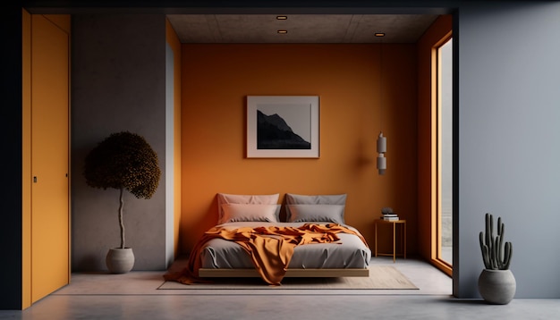 Interior de dormitorio minimalista naranja brillante IA generativa