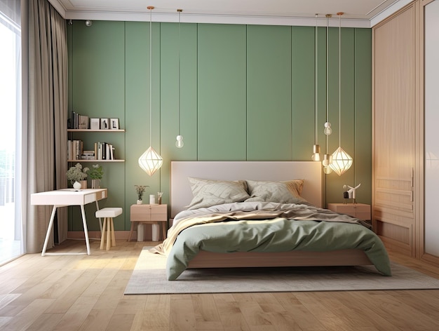 Interior de dormitorio mínimo con maqueta de decoración del hogar Acogedor mobiliario costero con estilo cama cómoda Fondo de diseño moderno IA generativa