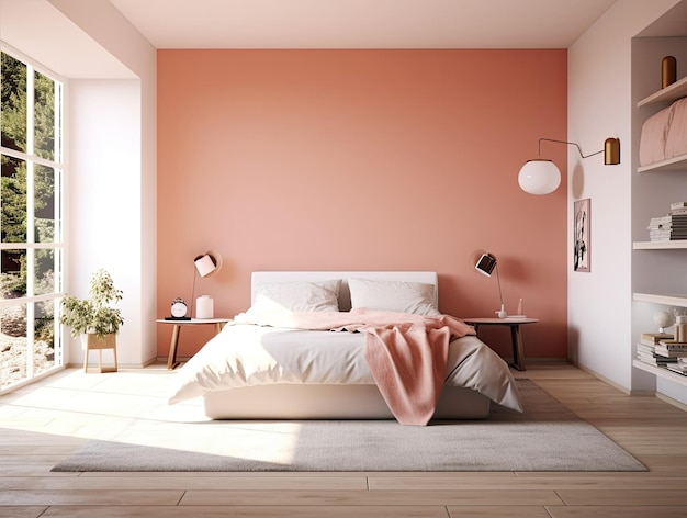 Interior de dormitorio mínimo con maquillaje de decoración para el hogar Muebles cómodos costeros con estilo Cama cómoda Fondo de diseño moderno IA generativa
