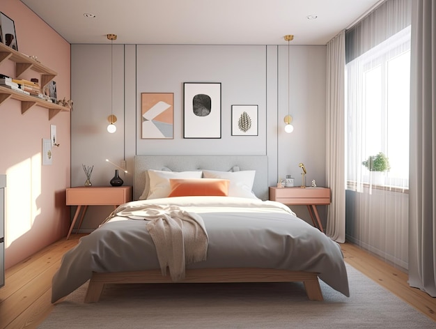 Interior de dormitorio mínimo con maquillaje de decoración para el hogar Muebles cómodos costeros con estilo Cama cómoda Fondo de diseño moderno IA generativa