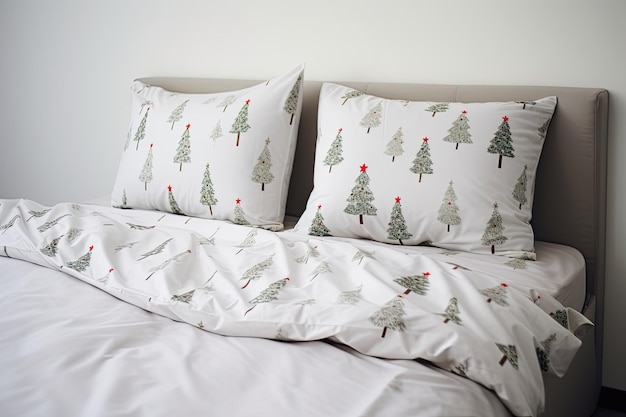 Foto interior de un dormitorio moderno con una cama hecha de ropa de cama con un patrón de navidad seleccionó el enfoque