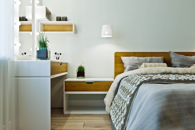 Interior de dormitorio moderno en colores cálidos con paneles de madera.