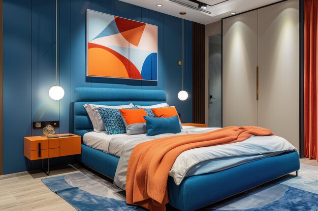 Interior de dormitorio moderno con una combinación de elementos de colores azul y naranja