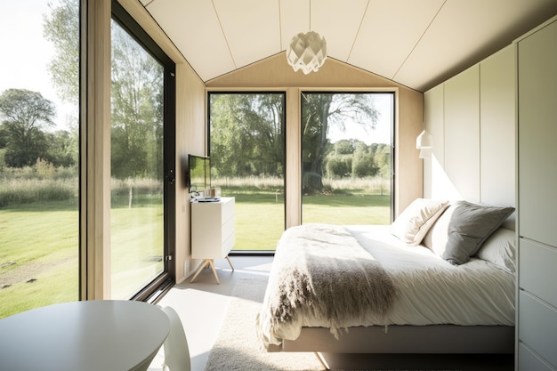 Interior de un dormitorio moderno con un gran ventanal con vistas al campo IA generativa
