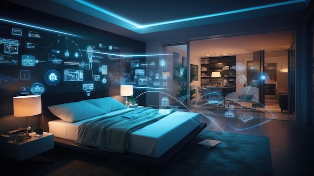 Foto interior de dormitorio moderno inteligente con tecnología que mantiene las conexiones