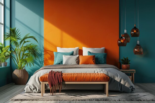 Interior de dormitorio moderno con una moderna combinación de elementos de colores azul y naranja.