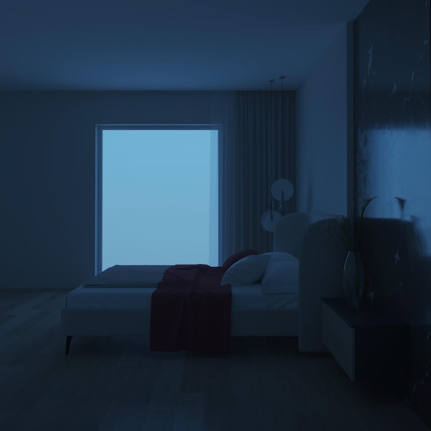 Interior de dormitorio moderno. Noche. Iluminación nocturna. Representación 3D.