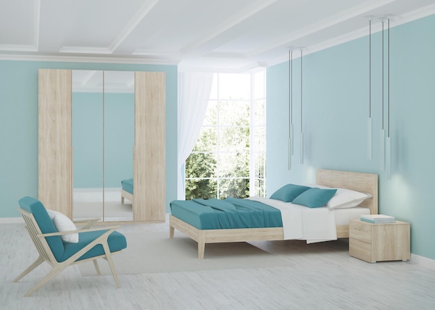 Interior de dormitorio moderno con paredes azules. Representación 3D.