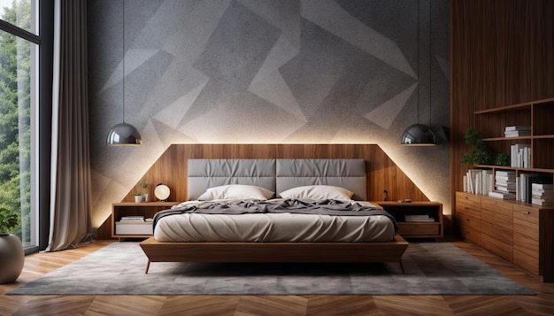 Interior de dormitorio moderno con paredes grises suelo de madera cómoda cama king size y estantería