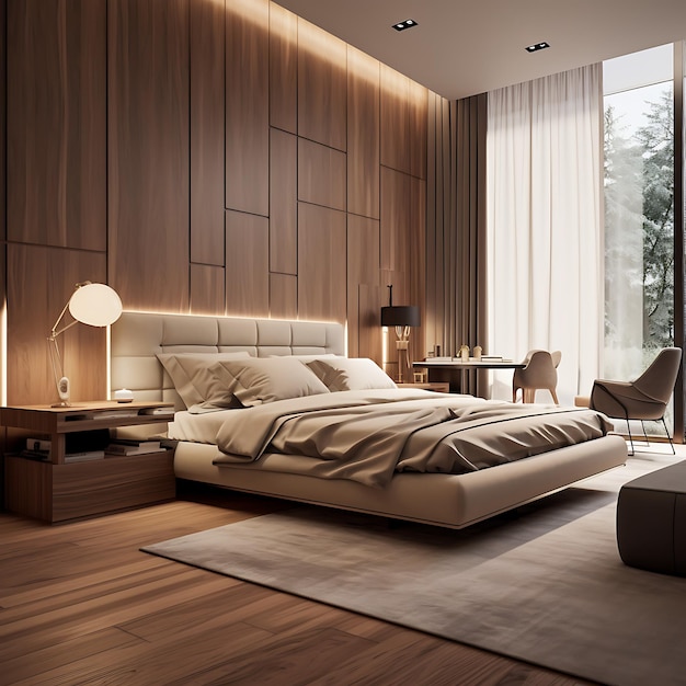 Interior de dormitorio moderno con paredes de madera, piso de madera y cómoda cama king size