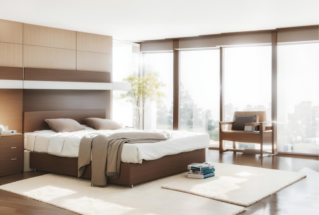 Interior de dormitorio moderno con paredes de madera suelo de madera armario de madera y cama cómoda