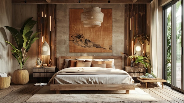 Interior de dormitorio moderno con plantas de color marrón y pintura en pared blanca diseño de casa de madera de lujo Tema de casa de habitación de estilo rústico