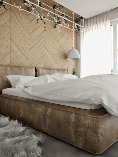 interior de dormitorio moderno con sofá cama y muebles cómodos en una pared de madera 3d render