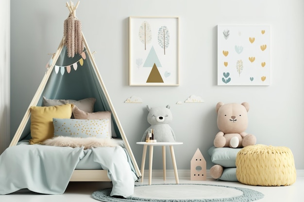 Interior de un dormitorio para niños en estilo escandinavo con un motivo pastel Marco de fotos en blanco para maqueta